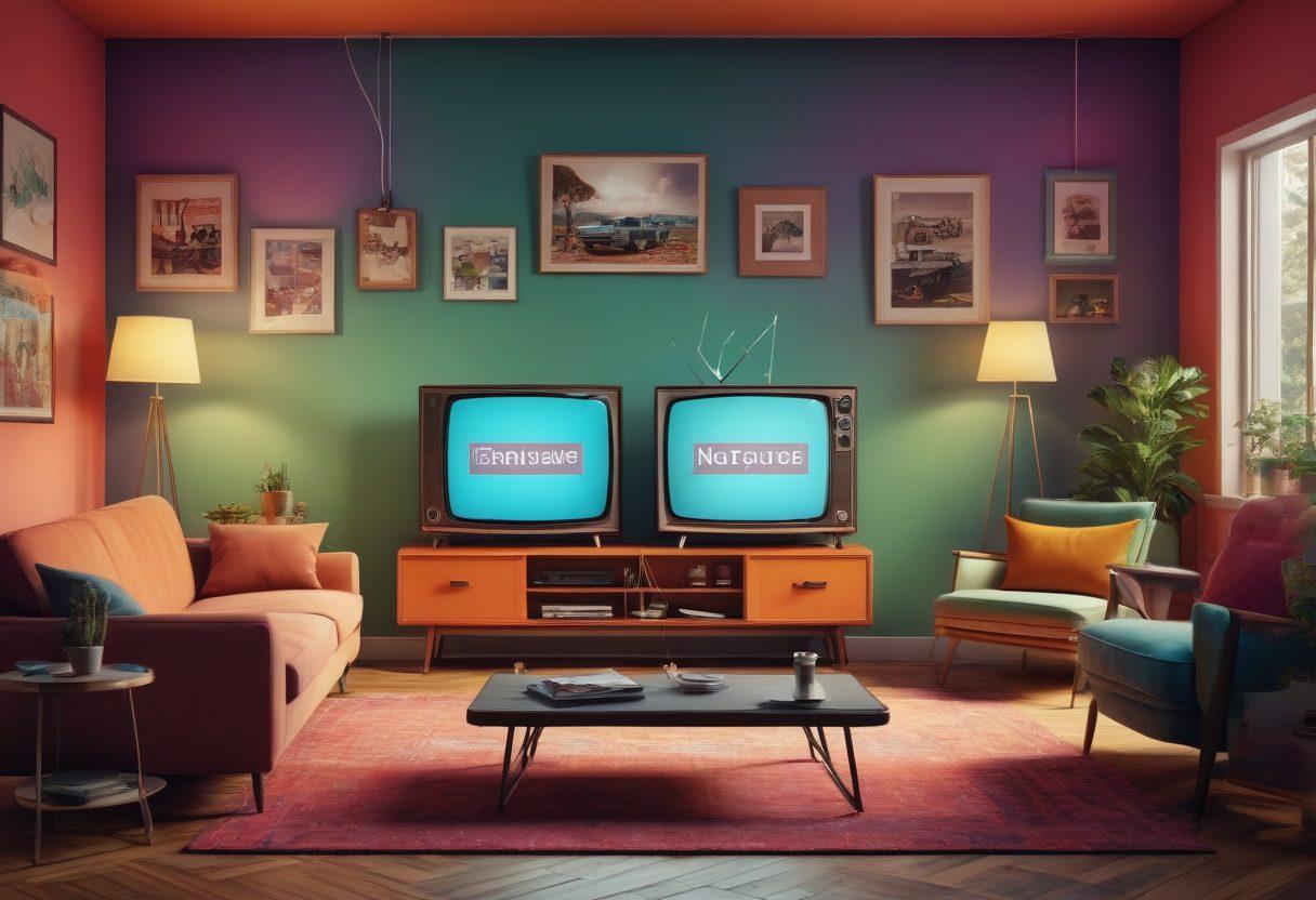 A dynamic split-screen illustration showing a nostalgic living room with an old TV on one side, featuring antennas and a classic broadcast logo. On the other side, portray a modern digital setup with multiple screens streaming content, showcasing diverse digital media icons like streaming platforms and social media. Use vibrant colors to emphasize the contrast between traditional and digital media, creating an engaging visual journey. futuristic theme. vibrant colors. 3D.