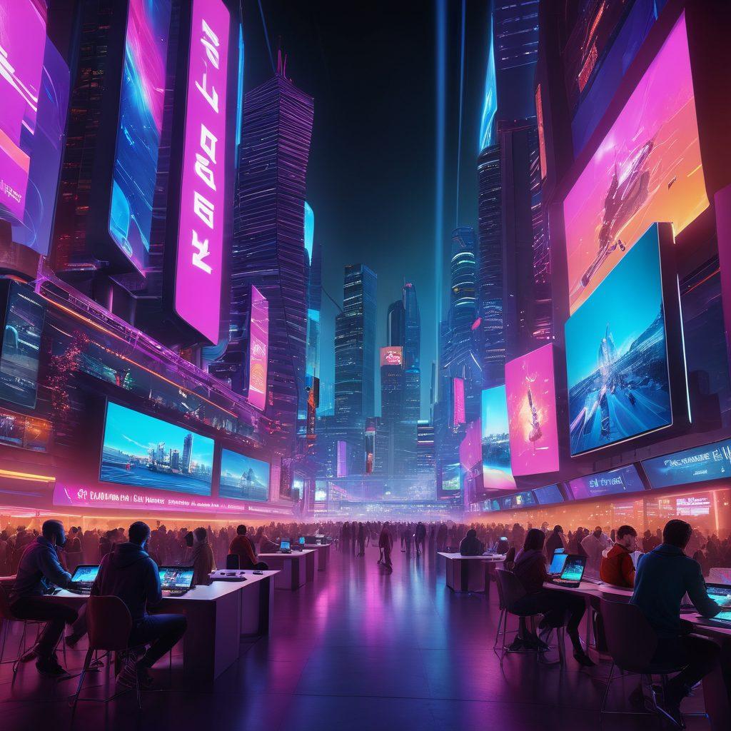A vibrant and futuristic city skyline featuring large screens displaying diverse streaming content, such as movies, music, and gaming. In the foreground, a diverse group of people engaging with various digital devices, immersed in entertainment, surrounded by glowing neon lights representing German culture. The atmosphere feels energetic and innovative, showcasing the shift towards streaming. digital art. vibrant colors. 3D.